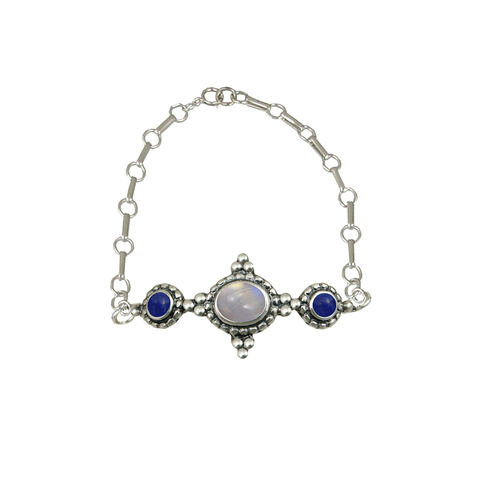 Sterling Silver Gemstone Adjustable Chain Bracelet With Rainbow Moonstone And Lapis Lazuli